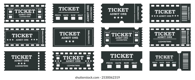 Set von realistischen Ticketlayouts für ein Konzert, Zirkus, Flugzeug steigen, Lotterie, Kino, Gutschein. Auf einzeln Hintergrund. Vektorgrafik.