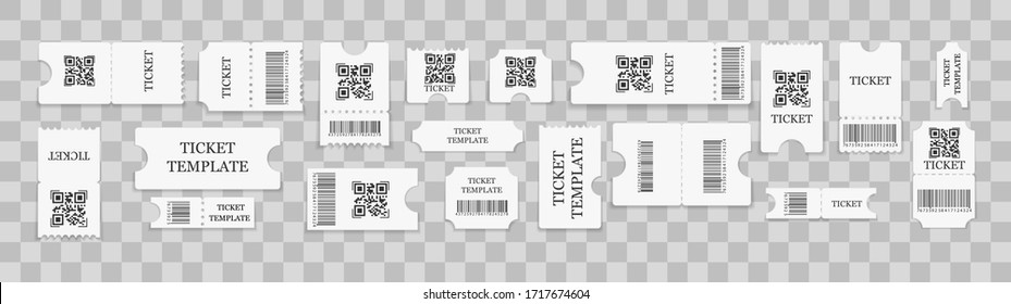 Set of realistic tickets on white paper isolated on a transparent background. Design for movie tickets, parties, circus, festival or concert. Vector graphics.