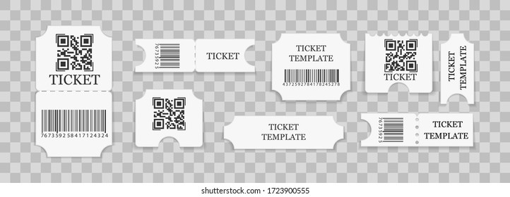 Set of realistic tickets on white paper isolated on a transparent background. Design for movie tickets, parties, circus, festival or concert. Vector graphics.