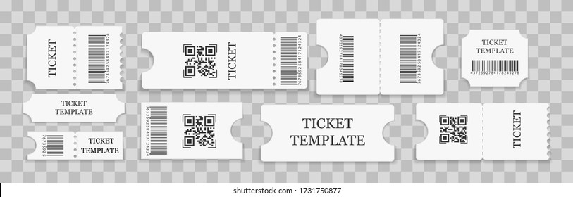 Set of realistic tickets on white paper isolated on a transparent background. Design for movie tickets, parties, circus, festival or concert. Vector graphics.