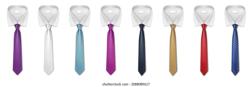 Set of realistic ties on white shirts collars for formal wear outfit design. Classic cravats for male clothes and formal outlook. Business concept. 3d vector illustration