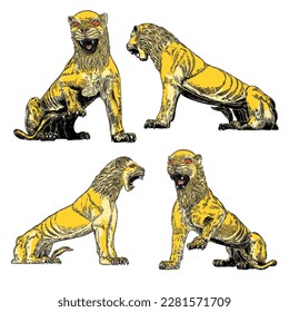 Set of realistic tigers in different poses and movement roaring. Animals of Asia, predatory mammals growling. Chinese lunar New Year 2022 symbol. Vector.