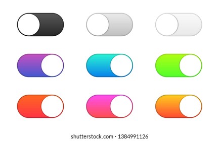 Set of realistic toggle switch buttons. On and off. Black, gray, white and colored switch interface button. Template design for concepts, web, interfaces, mobile applications.