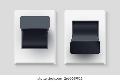 Conjunto de interruptores de conmutación realistas en las posiciones de encendido y apagado. Botón de plástico. Ilustración vectorial