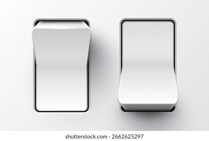 Conjunto de interruptores de conmutación realistas en las posiciones de encendido y apagado. Botón de plástico. Ilustración vectorial