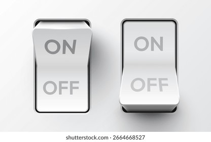 Conjunto de interruptores de comutação realistas nas posições ligado e desligado. Botão plástico. Ilustração vetorial