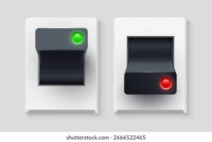 Conjunto de interruptores de comutação realistas nas posições ligado e desligado. Botão plástico. Ilustração vetorial