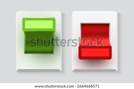 Set of realistic toggle switches in on and off positions. Plastic button. Vector illustration
