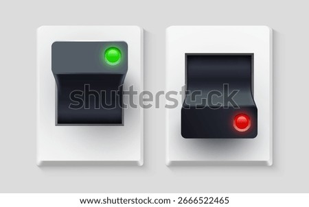 Set of realistic toggle switches in on and off positions. Plastic button. Vector illustration