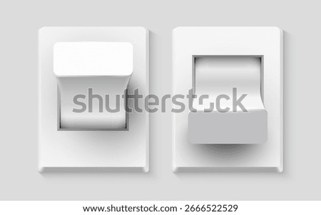 Set of realistic toggle switches in on and off positions. Plastic button. Vector illustration
