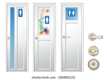 set of realistic toilet closet isolated or detailed toilet door in public area or public toilet restroom with man and woman sign or lavatory wc concept. eps vector
