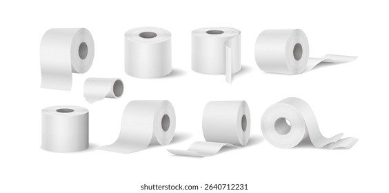 Set of realistic toilet paper rolls in various positions. White, clean, and detailed. Perfect for bathroom product mockups and advertisements. Against a plain background.