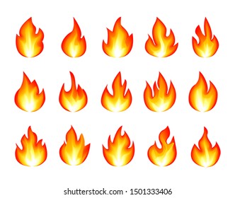 Set of realistic tongues 
of flame isolated on white background. Collection flaming symbols and elements of candle, heat, fire, fireplace, burning, energy. Vector illustration. 

