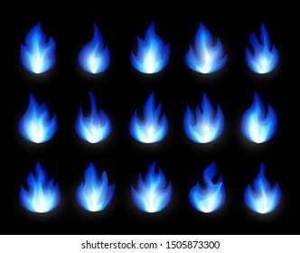 Set of realistic tongues 
of natural gas flame isolated on black background. Collection energy icons. Fuel butane, propane. Flames of propane burner. Vector illustration. 
