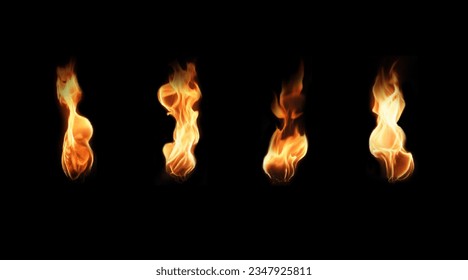 Conjunto de antorchas realistas aisladas sobre fondo negro. Diversos iconos vectoriales con fuego brillante 