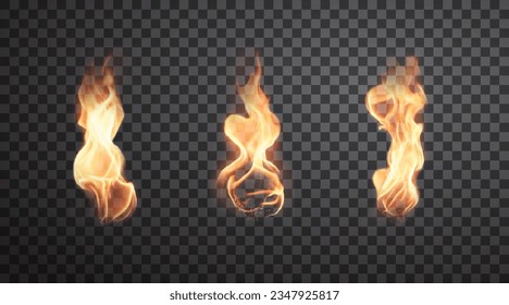 Set of realistic torch flame isolated on transparent background. Vector design elements with bright burning fire for wooden torch