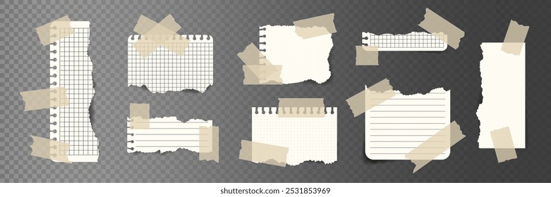 Conjunto de fragmentos de papel rasgado realista de cuaderno con cinta adhesiva. Chatarra Hoja de papel con bordes rasgados. Titular de marco en blanco. Elemento para Anuncio de notas cuadro de texto de collage Diseño. Ilustración vectorial