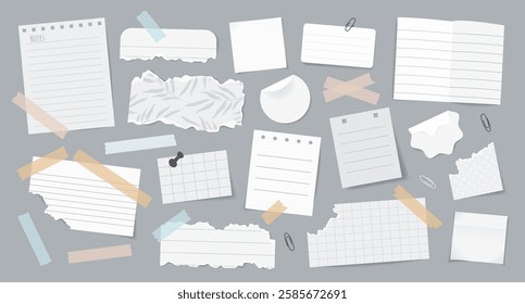 Set of realistic torn paper notes, stickers, to do list, duct tapes, paper clips. Isolated white sticky elements, planners, reminders for mood boards, scrapbooking, collages on background. Vector.