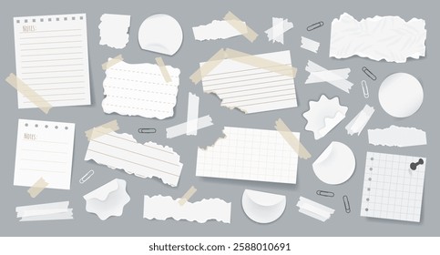 Set of realistic torn paper notes, stickers, to do list, duct tapes, paper clips. Isolated blank sticky elements and reminders for mood boards, scrapbooking, and collages on background. Vector.