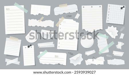 Set of realistic torn paper notes, stickers, to do list, duct tapes, paper clips. Isolated white sticky elements and reminders for mood boards, scrapbooking, and collages on background. Vector bundle.