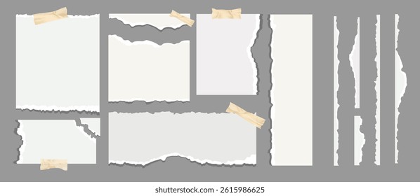 Set of realistic torn paper pieces with jagged edges and masking tape, perfect for scrapbooking, collage, mood boards, digital notes, social media templates, creative presentations.Vector illustration