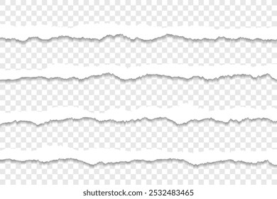 Set of Realistic Torn Paper Strips with Jagged Edges on Transparent Background