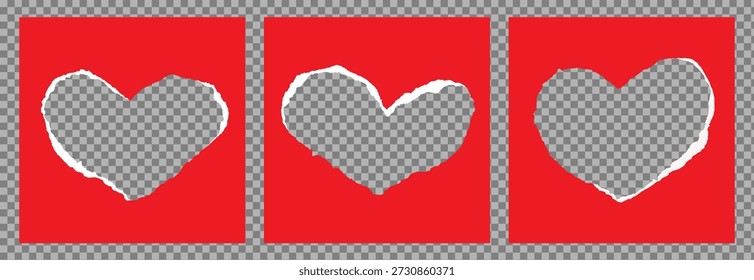 Conjunto de pieza rasgada realista, hoja de papel recortada en forma de corazón. Marco, cuadro de texto para el día de San Valentín para el Anuncio, flayer, collage. Plantilla vacía para la boda. Vector plano EPS10