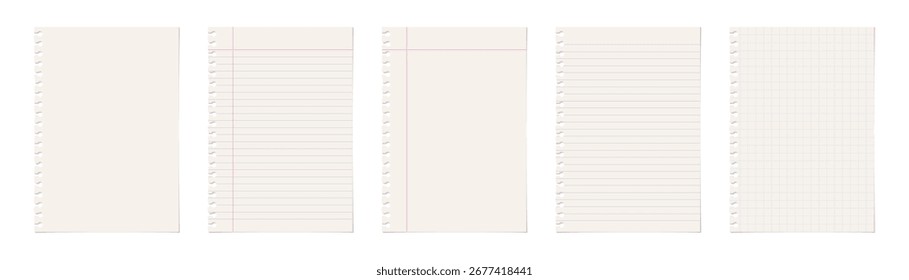 Conjunto de hoja de papel desgarrada realista de un libro de trabajo con sombra, aislado en fondo transparente ilustraciones de stock de Vector 
