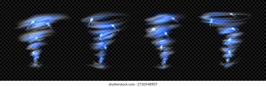 Conjunto de tormenta de tornado realista. Plantillas de Vector 3D de huracán, tornado, embudo de vórtice de aire con relámpagos, vórtice de torbellino aislado sobre fondo a cuadros. Colección de tormenta de tornado transparente.