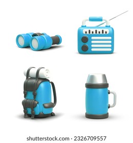 Conjunto de objetos turísticos realistas de color azul. Binoculares, receptor de radio, mochila empaquetada, termo. El confort y el interesante descanso en la naturaleza. Equipamiento turístico moderno
