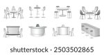 set of realistic trade exhibition chair and table or white blank exhibition kiosk or stand booth corporate commercial. Eps Vector
