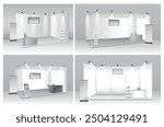 set of realistic trade exhibition chair and table or white blank exhibition kiosk or stand booth corporate commercial. 3D Render