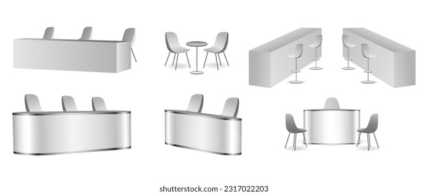 set of realistic trade exhibition chair and table or white blank exhibition kiosk or stand booth corporate commercial.