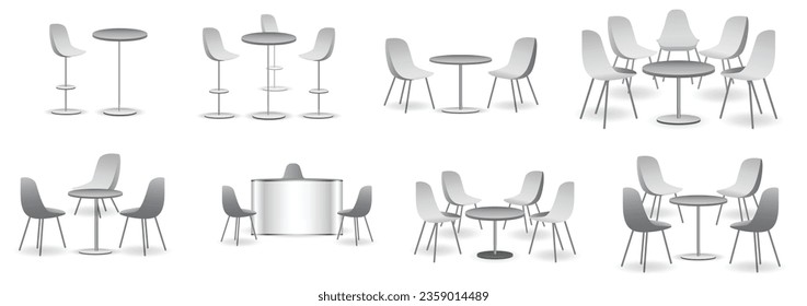 set of realistic trade exhibition chair and table or white blank exhibition kiosk or stand booth corporate commercial. 3D Render