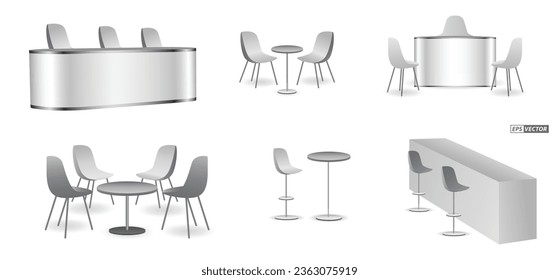 set of realistic trade exhibition chair and table or white blank kiosk or stand booth corporate. 3D Render