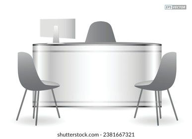 conjunto de silla de exposición comercial realista y mesa o kiosco de exposición en blanco o en blanco o stand stand de la empresa comercial. Vector Eps