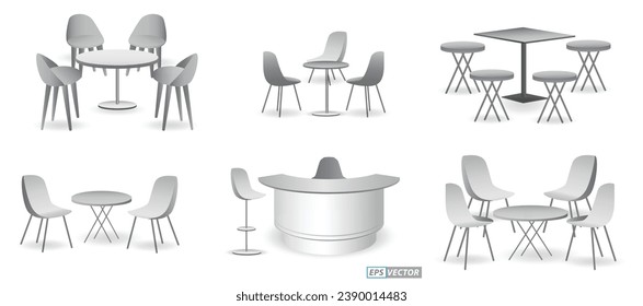 conjunto de silla de exposición comercial realista y mesa o kiosco de exposición en blanco o en blanco o stand stand de la empresa comercial. Vector Eps