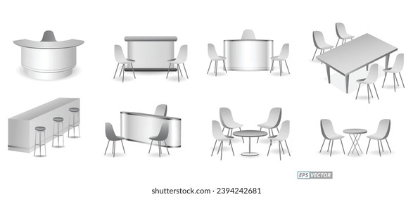 conjunto de silla de exposición comercial realista y mesa o kiosco de exposición en blanco o en blanco o stand stand de la empresa comercial. Vector Eps
