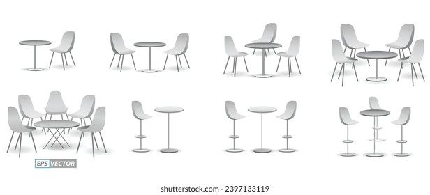 conjunto de silla de exposición comercial realista y mesa o kiosco de exposición en blanco o en blanco o stand stand de la empresa comercial. Vector Eps