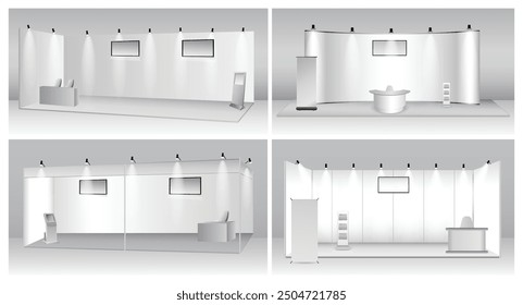 Satz von realistischen Messen Stuhl und Tisch oder weiß leere Ausstellung Kiosk oder Stand Stand Stand Corporate Commercial. EPS-Vektor