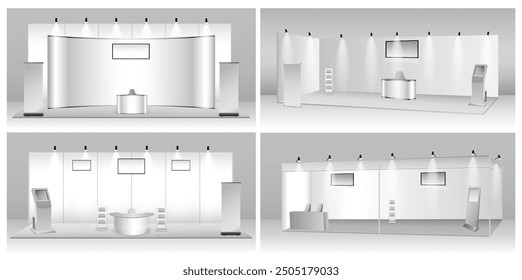 Satz von realistischen Messen Stuhl und Tisch oder weiß leere Ausstellung Kiosk oder Stand Stand Stand Corporate Commercial. EPS-Vektor