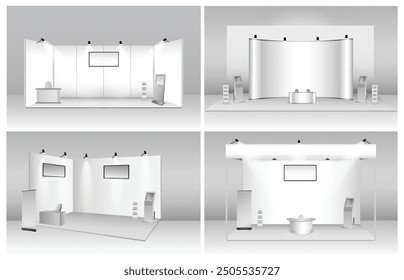 Satz von realistischen Messen Stuhl und Tisch oder weiß leere Ausstellung Kiosk oder Stand Stand Stand Corporate Commercial. EPS-Vektor
