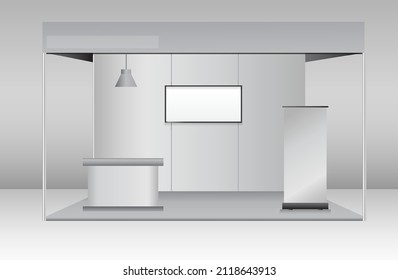 set of realistic trade exhibition stand or white blank exhibition kiosk or stand booth corporate commercial. eps vector