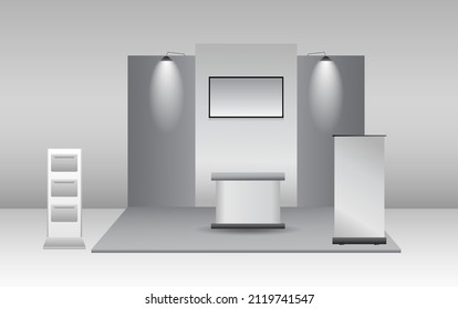 set of realistic trade exhibition stand or white blank exhibition kiosk or stand booth corporate commercial. eps vector