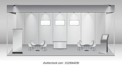 Set Of Realistic Trade Exhibition Stand Or White Blank Exhibition Kiosk Or Stand Booth Corporate Commercial. Eps Vector