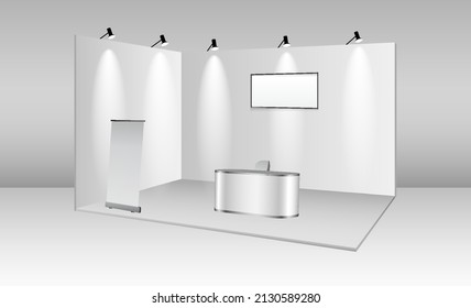 set of realistic trade exhibition stand or white blank exhibition kiosk or stand booth corporate commercial. eps vector