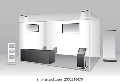 set of realistic trade exhibition stand or white blank exhibition kiosk or stand booth corporate commercial. eps vector
