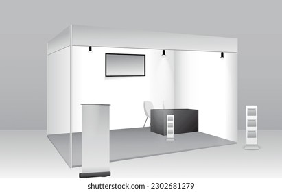 set of realistic trade exhibition stand or white blank exhibition kiosk or stand booth corporate commercial. eps vector