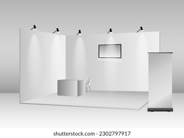 set of realistic trade exhibition stand or white blank exhibition kiosk or stand booth corporate commercial. eps vector