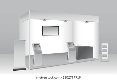 set of realistic trade exhibition stand or white blank exhibition kiosk or stand booth corporate commercial. eps vector